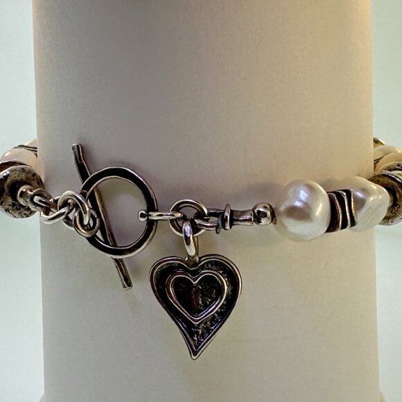 925 Sterling Silver River Pearl Bracelet with Heart Charm - Picture 5 of 6